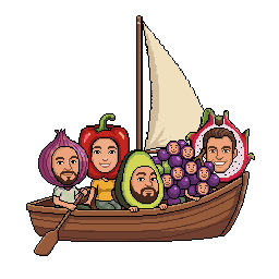 Pixel-art of the five veggie crew sailing a small boat